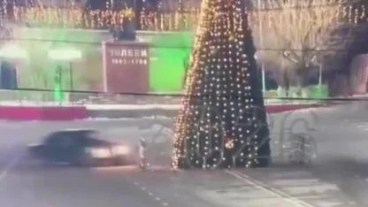 Drift yapan sürücü 12 metrelik yılbaşı ağacı devirdi