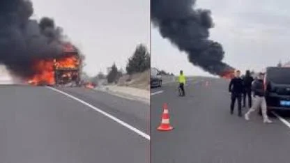 Seyir halindeki yolcu otobüsü alev alev yandı