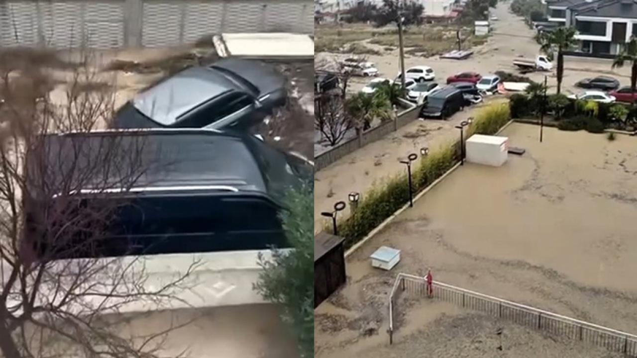 Kuşadası 30 dakikada yağışa teslim oldu, araçlar sele kapıldı