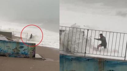 Son anda fark ettiği dev dalgaların arasında kalmaktan merdivene tutunarak kurtuldu