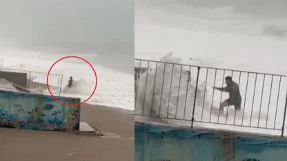 Son anda fark ettiği dev dalgaların arasında kalmaktan merdivene tutunarak kurtuldu