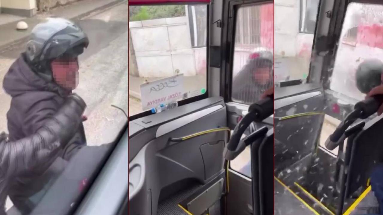 Trafikte tartıştığı servis aracının camını kaskıyla kırdı