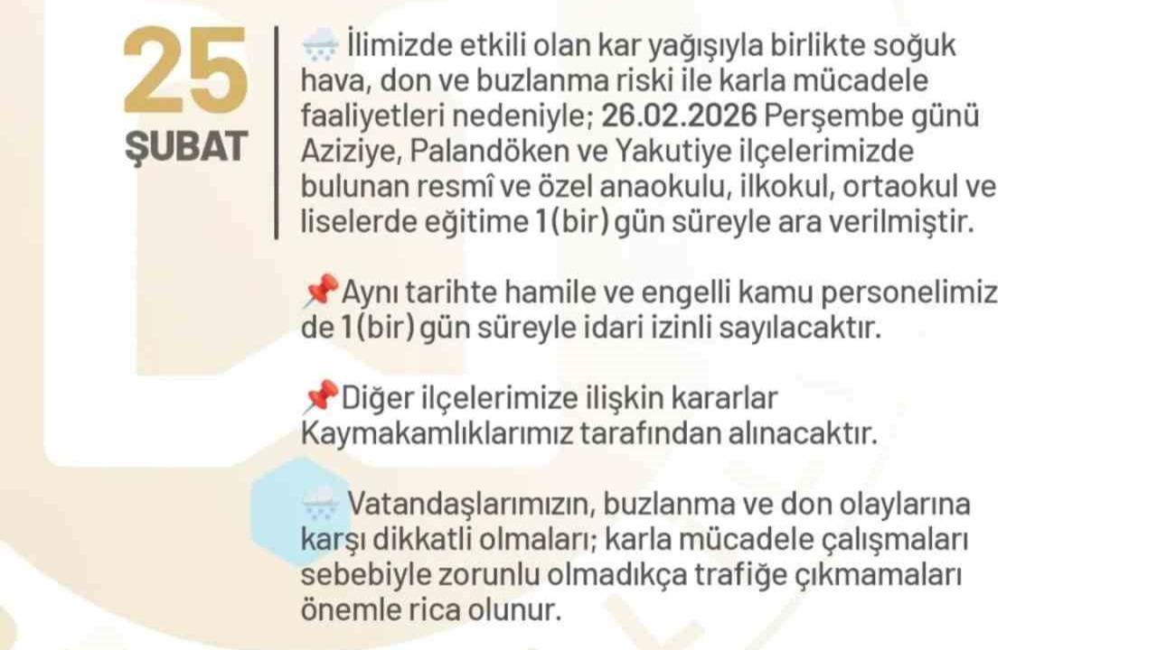 Erzurum’da okullara bir gün kar tatili