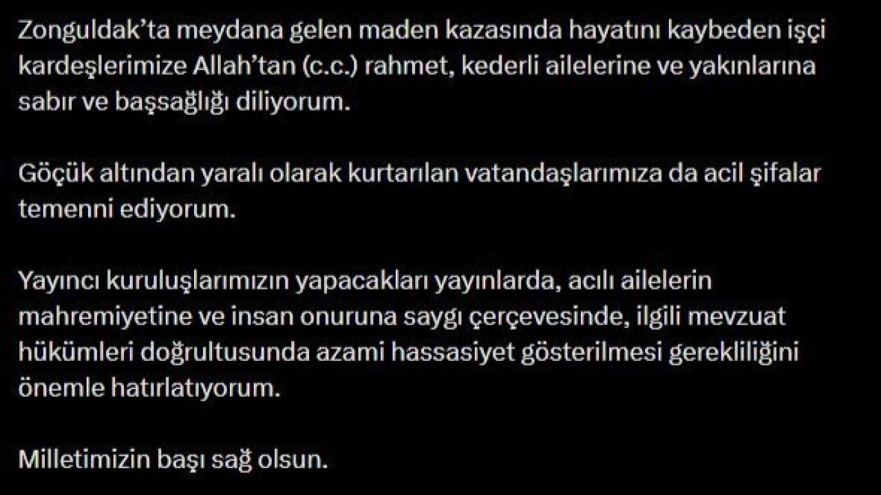 RTÜK Başkanı Daniş’ten Zonguldak’ta meydana gelen maden kazası için yayıncı kuruluşlara uyarı